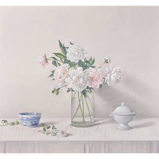 Painting, Raymond Han: Raymond Han (American, b. 1931), "Mixed Peonies and Rosa Blanc de Courbet," oil on canvas, unsigned, gallery labels (Honolulu Academy of Arts and Contemporary Realist Gallery, San Francisco) affixed v