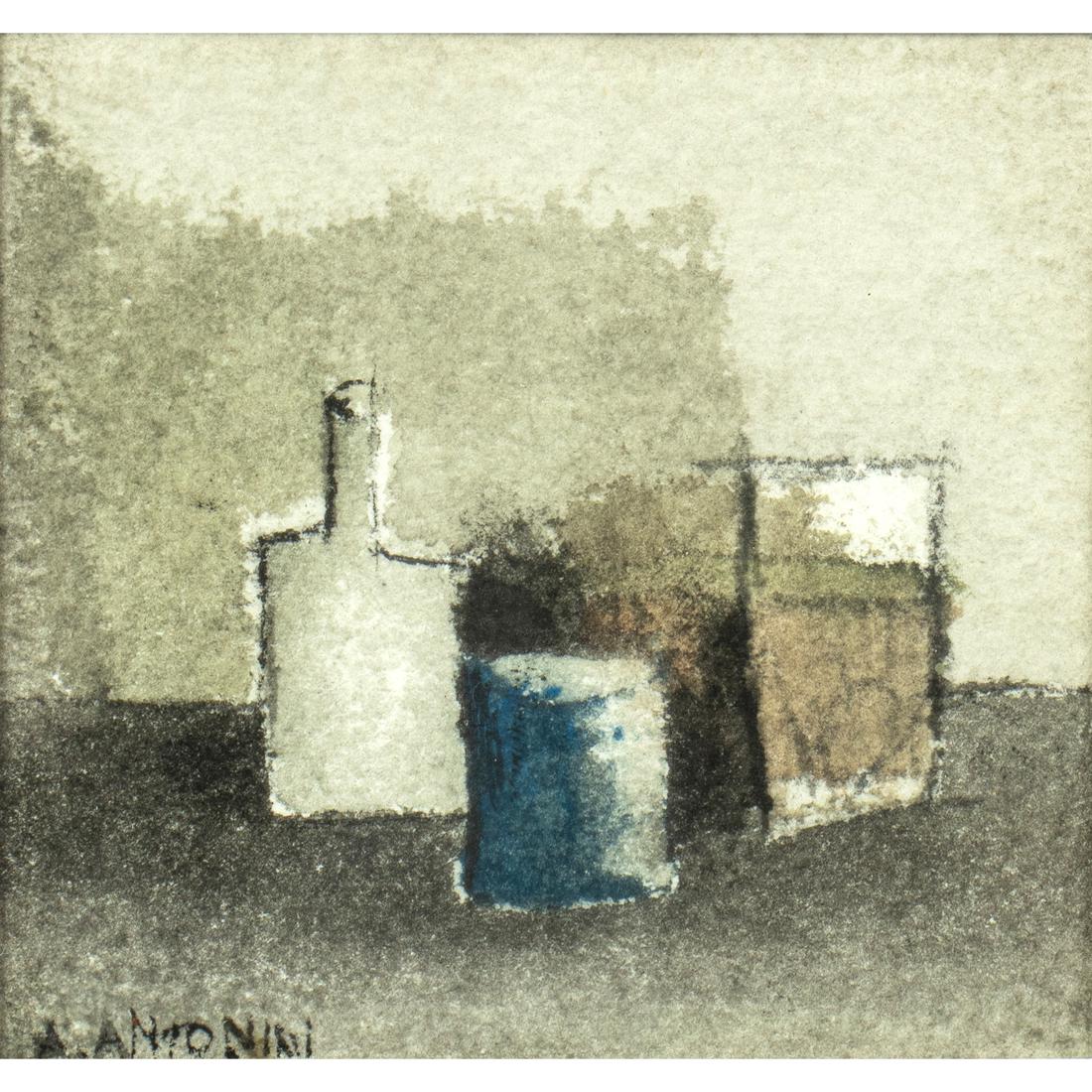 Work on paper, Annapia Antonini: Annapia Antonini (Swiss, b. 1942), "Still Life with Bottle and Glass," watercolor and ink, signed lower left, sight: 2.25"h x 2.5"w, overall (with frame): 6.25"h x 6.75"w