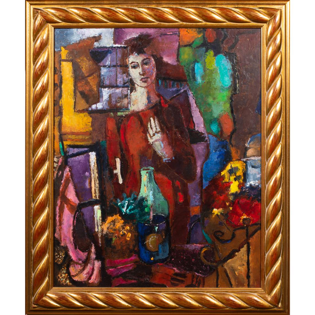 Painting, American School (20th century): American School (20th century), Lady in Colors, oil on masonite, signed "Maxine Horn" verso, overall (with frame): 34"h x 27.5"w
