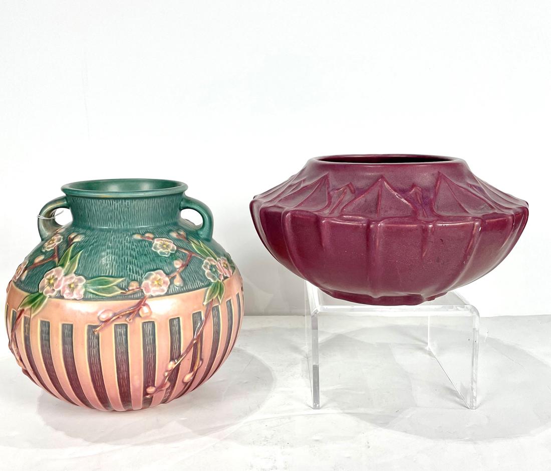 (lot of 6) Art Pottery group: a large Van Briggle vase with leaf border (1 of 4)