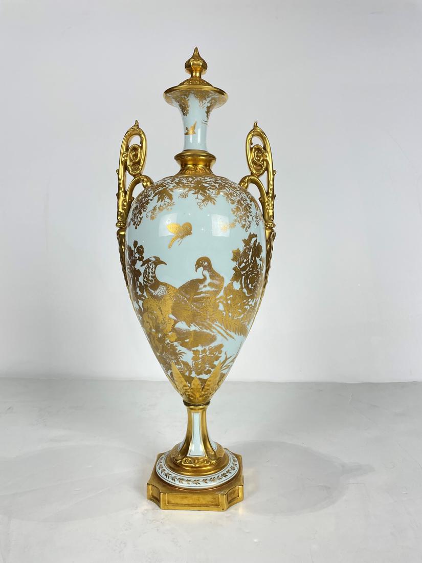 Royal Crown Derby porcelain two-handled urn in the Gold Aves pattern on a robins egg blue ground (1 of 2)