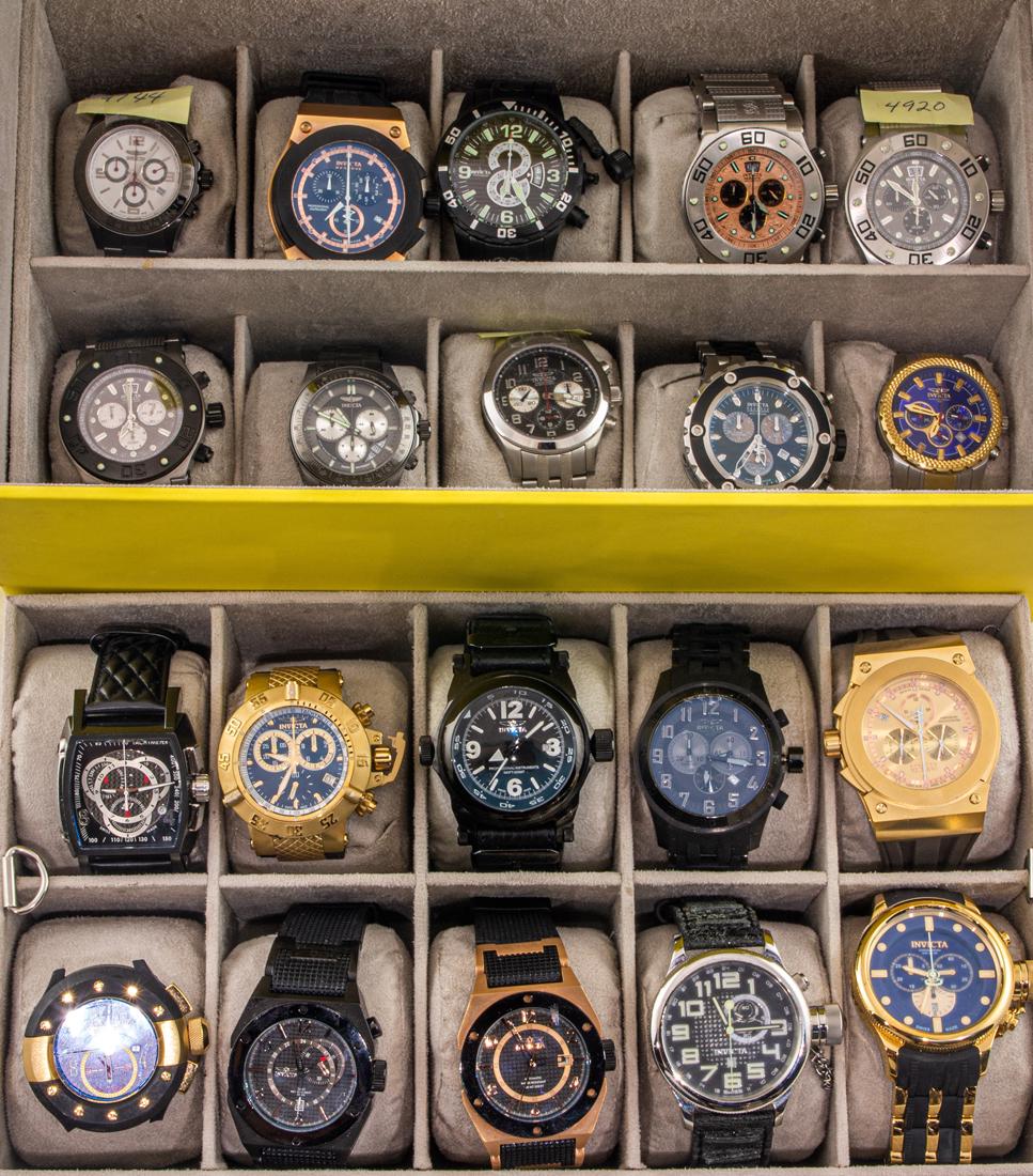 (lot of 20) Invicta watch group: (lot of 20) Invicta watch group, all Swiss made, most with chronographs, some automatics, bands include rubber, metal, mixed metal, cloth, etc. all set within a two tier invicta presentation case