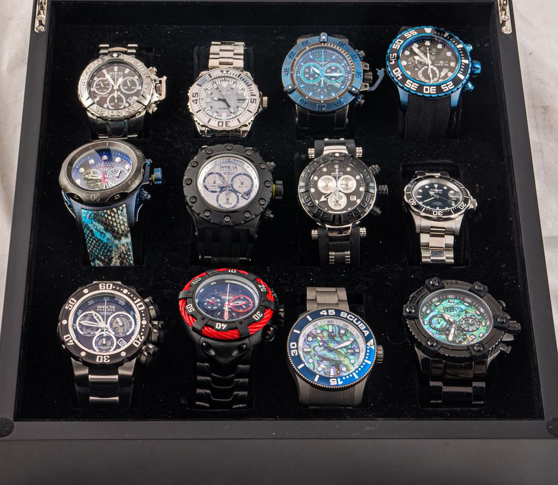 (lot of 12) Cased Invicta watch group: (lot of 12) Cased Invicta watch group, most chronograph, with assorted dial styles and bands, some Automatic, all Swiss made