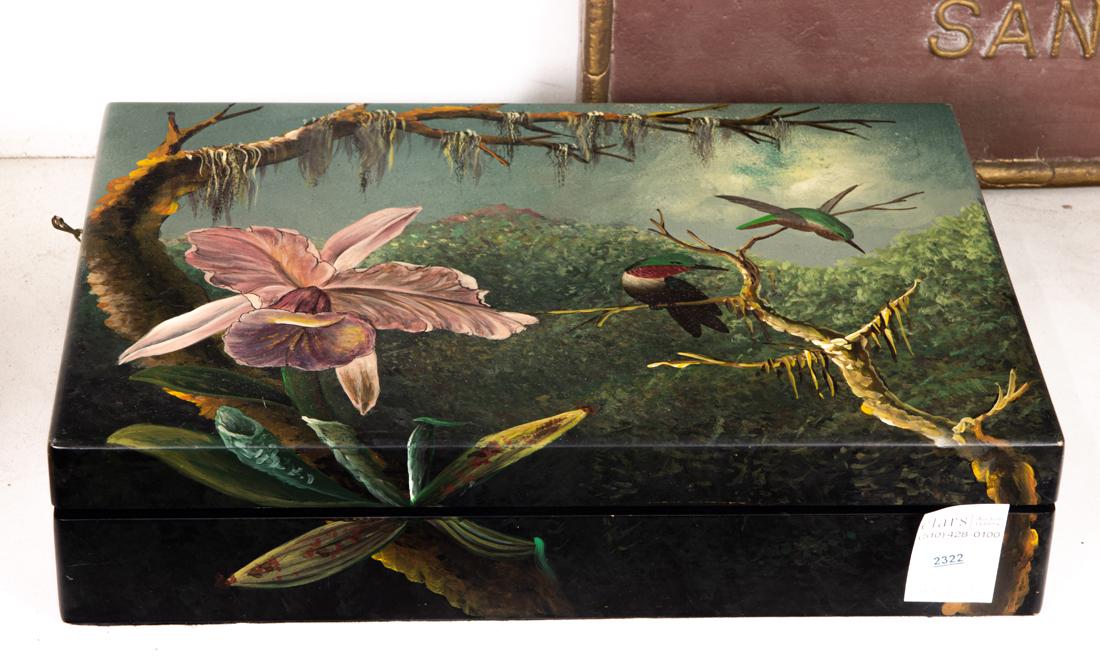 Painted wood document box depicting hummingbirds and orchid (1 of 1)