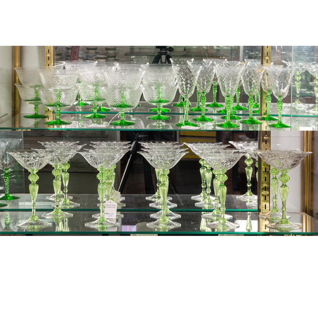 (Lot of 27) Three sets of clear and green glass stemware (1 of 1)