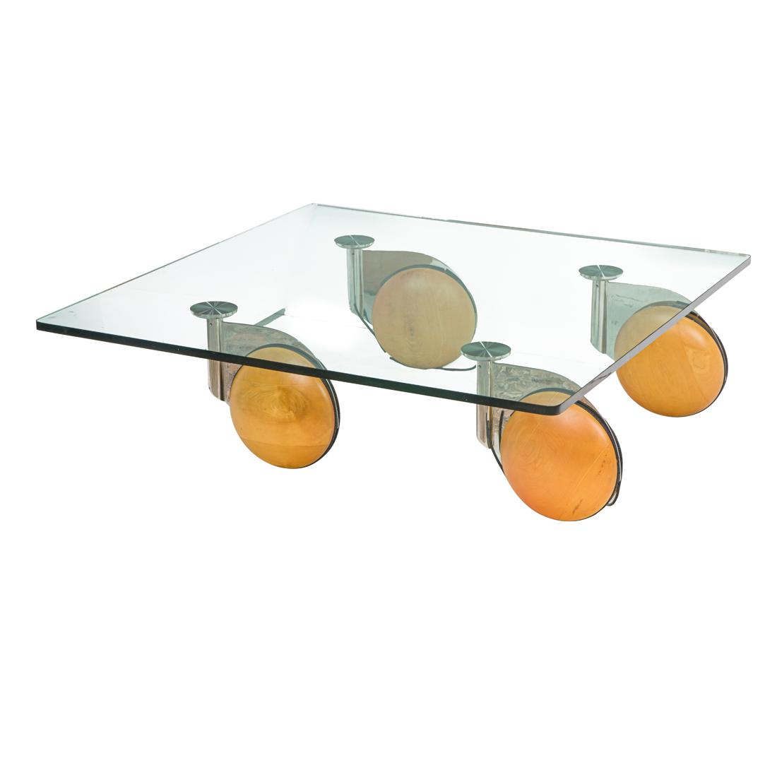 Italian, Coffee Table, Manner of Gae Aulenti: Italian, Coffee Table, Manner of Gae Aulenti Italy, glass, chrome, wood, 13"h x 46"w x 46"d