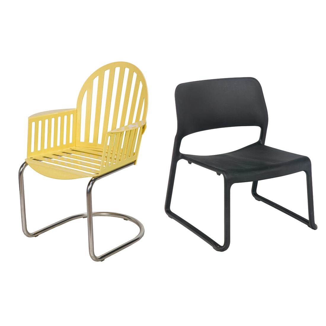 (lot of 3) Richard Schultz, Outdoor Chair; Spark Lounge Chair, Marcel Beuer, Cesca Chair: (lot of 3) Richard Schultz, Outdoor Chair; Spark Lounge Chair, Marcel Beuer, Cesca ChairKnoll, USA, yellow metal, chrome, 35"h; Knoll, USA, black polypropylene, 30.5"h Knoll, Hungary/USA, lacquered wo