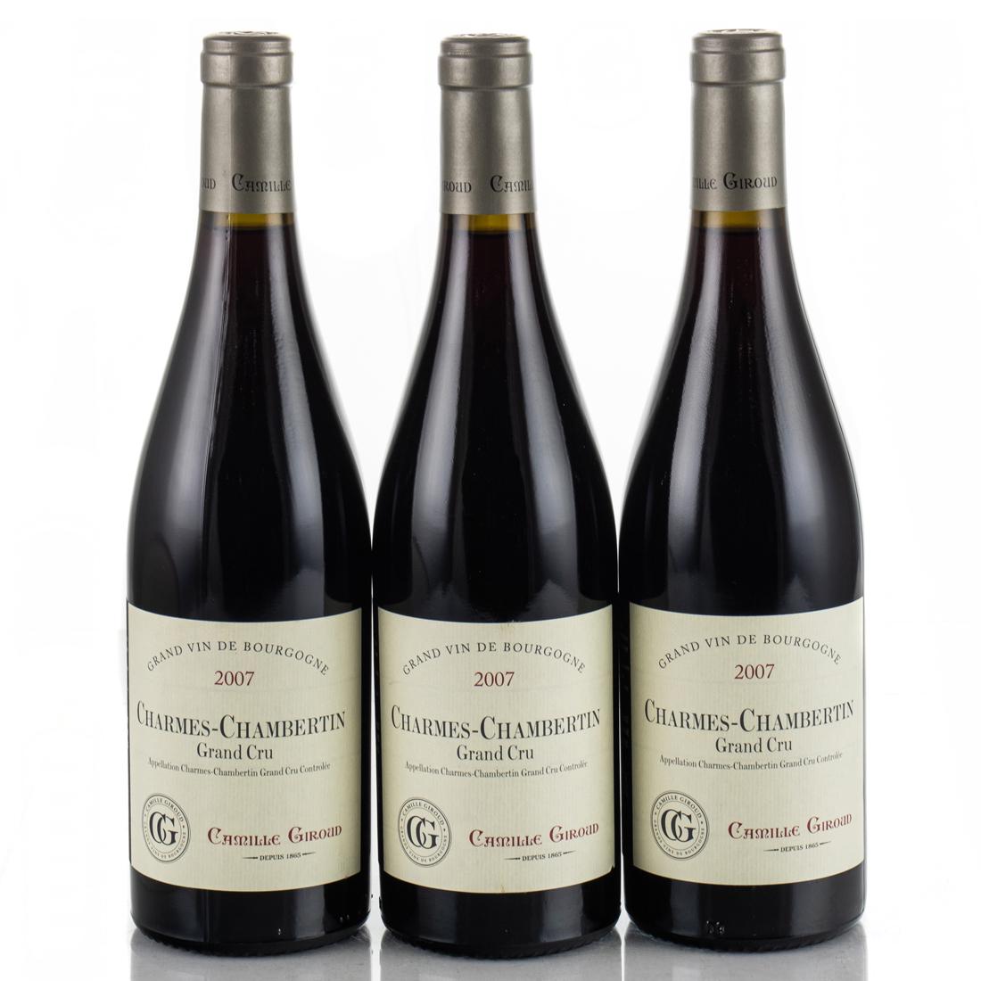 3 Bottles 2007 Camille Giroud, Charmes-Chambertin, Grand Cru, Burgundy, France: Shoup Collection 90-93 Burghound "A high-toned red Pinot fruit nose that is more floral than any wine in the range leads to extremely fresh, detailed and lively flavors that possess both adequate volu