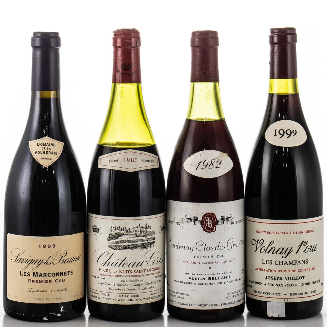 4 Bottles Mixed Lot Red Burgundy - 1 Bottle 1999 Jospeh Voillot, Les Champans Premier Cru, Volnay,: Voillot - 92Burghound "Big, robust and expressive with a generous black pinot fruit nose and rich, full-bodied, relatively powerful and intense flavors that offer excellent buffering sap for the ripe,