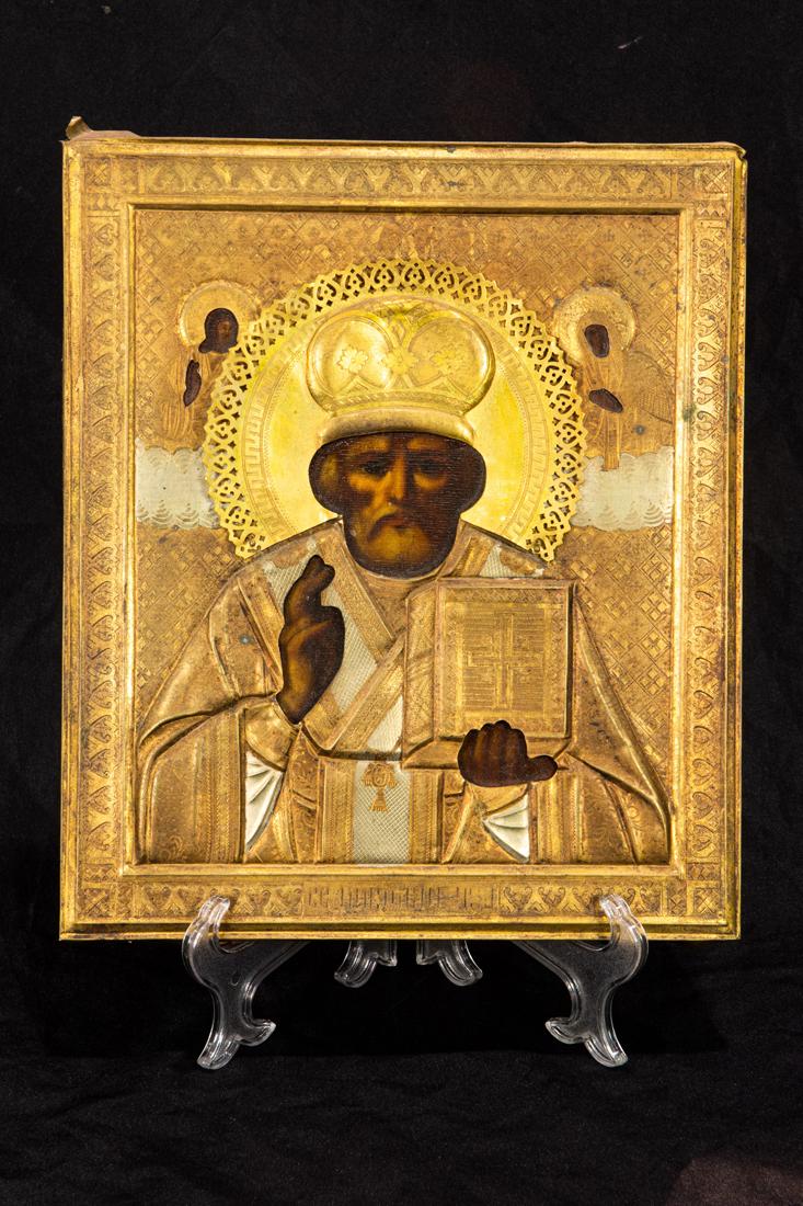 A Russian brass oklad icon of St Nicholas (1 of 3)