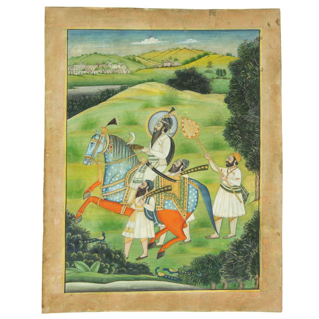 A Sikh school miniature painting of a Prince on hawk hunting expedition: A Sikh school miniature painting of a Prince on hawk hunting expedition, the prince depicted holding a falcon, riding on a magnificent orange horse, flanked by armed servants, a third one holding a fa