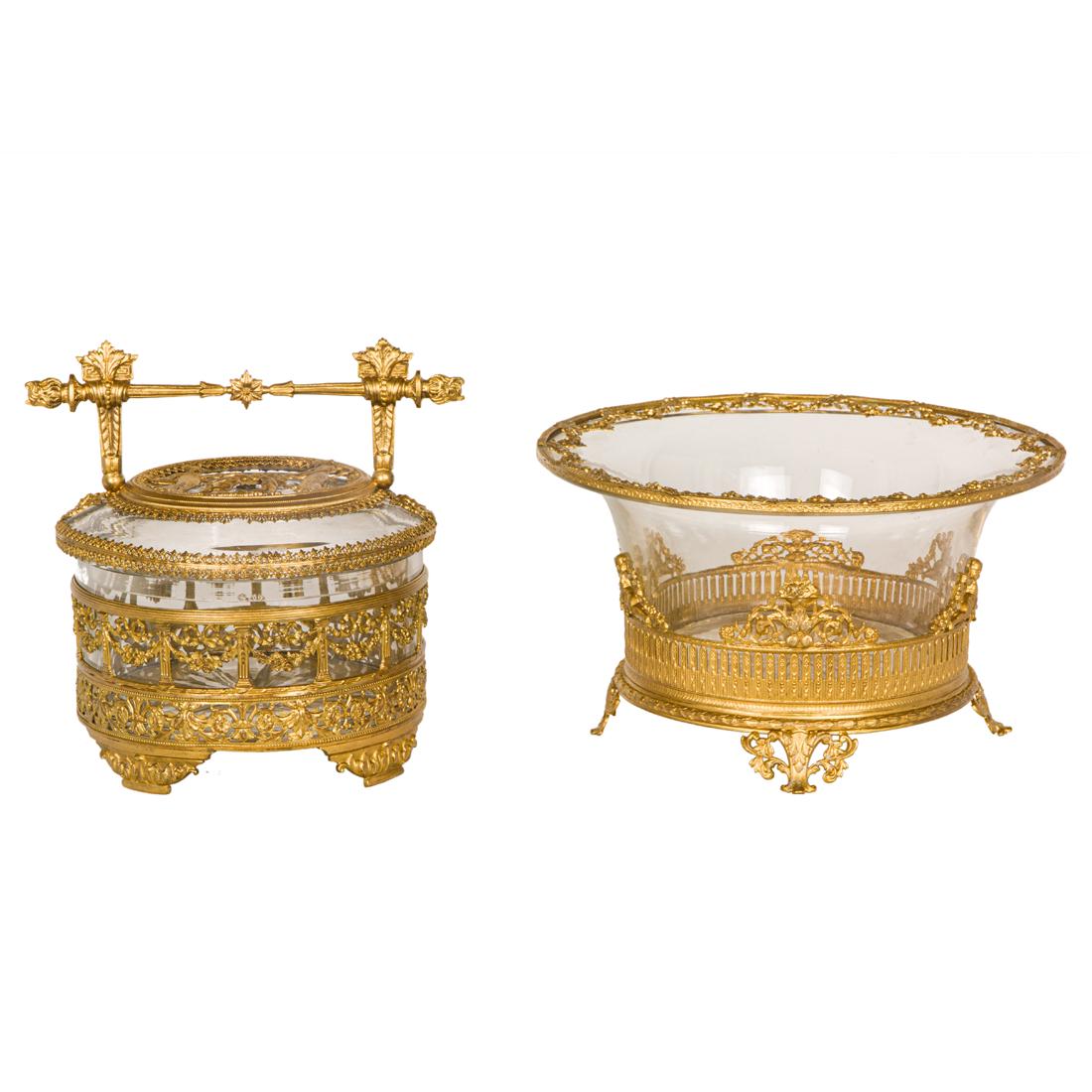 (lot Of 2) A French Gilt Bronze Mounted Cut Glass Table Box And Bowl