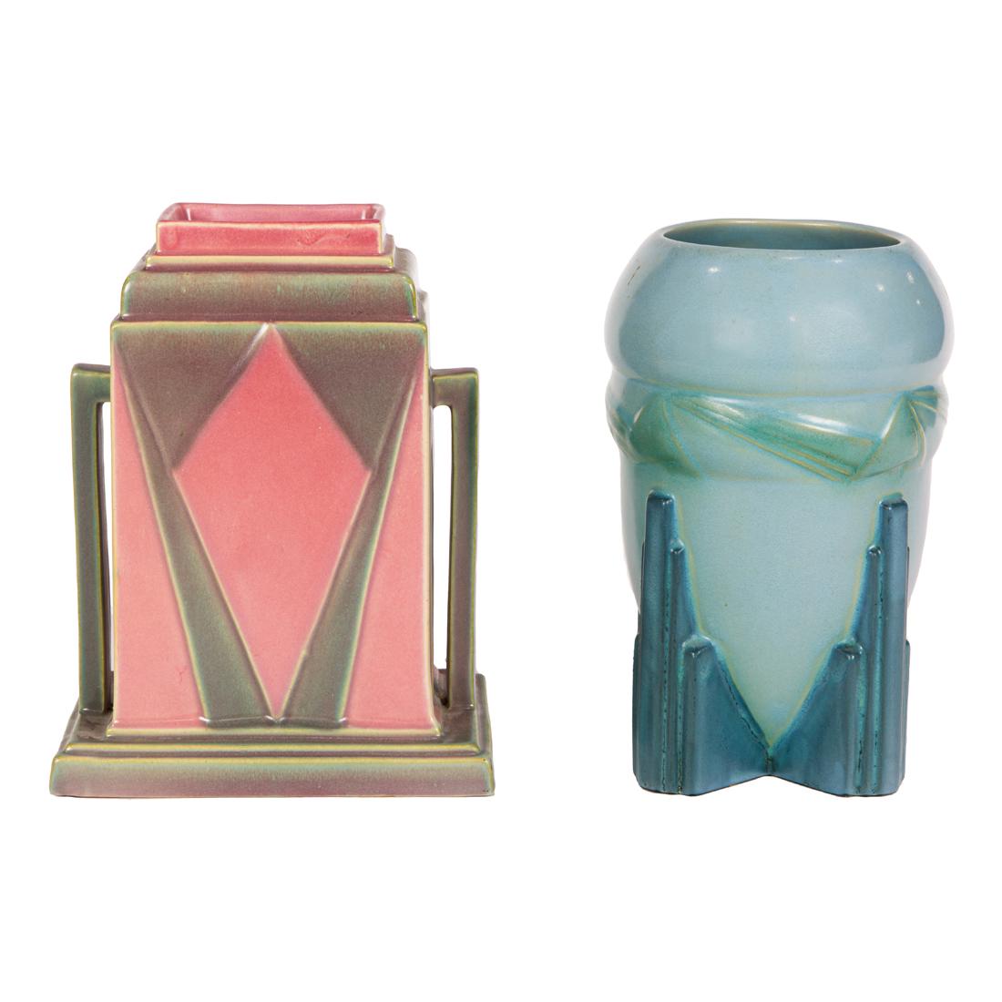 (lot of 2) Roseville Futura 'Rocketship' and 'Jukebox' vases: (lot of 2) Roseville Futura 'Rocketship' and 'Jukebox' vases, unmarked, rocketship vase with applied factory sticker, 7.75"h and 8.25"h. Provenance: Property from the estate of Steve Yvaska, long time