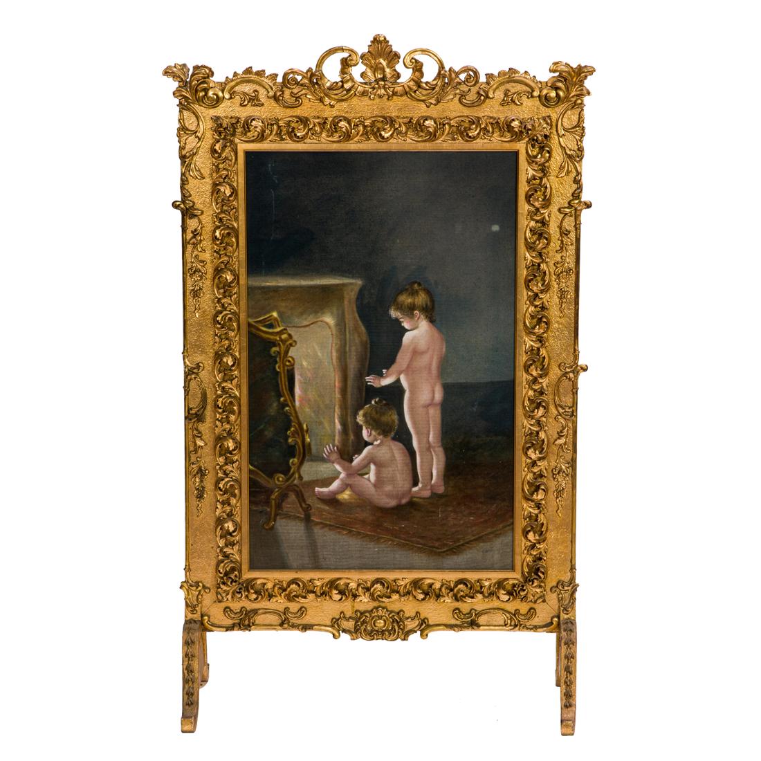 A Rococo style giltwood, gesso and painted silk fire screen (1 of 2)