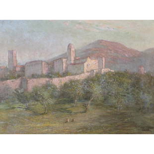 Painting, John Ferguson Weir: John Ferguson Weir (American, 1841-1926), "Assisi," oil on canvas, signed and titled lower right, sight: 17"h x 22.5"w, overall (with frame): 22.5"h x 28"w