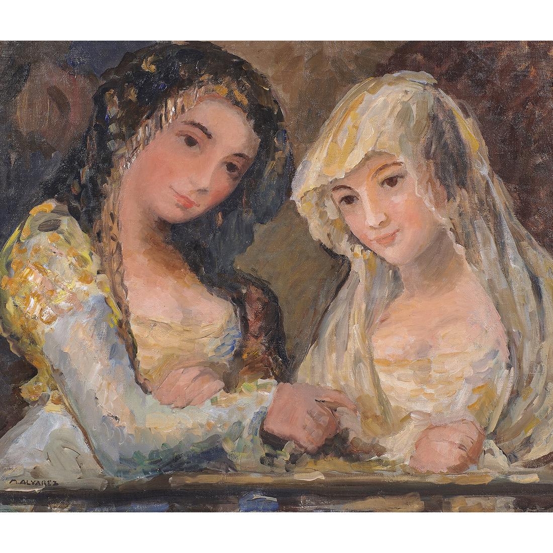 Painting, Mabel Alvarez: Mabel Alvarez (American, 1891- 1985), Two Girls in Shawls, oil on canvas, signed lower left, sight: 19.5"h x 23.5"w, overall (with frame): 25"h x 29"w