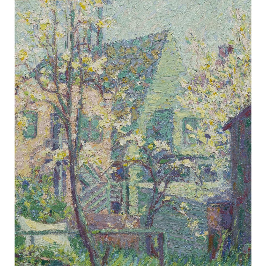 Painting, Attributed to Selden Connor Gile: Attributed to Selden Connor Gile (American, 1877-1947), "Blossoming Trees and Houses," oil on board, inscribed verso, sight: 10"h x 9"w, overall (with frame): 14.25"h x 13.25"w, Provenance: Property f
