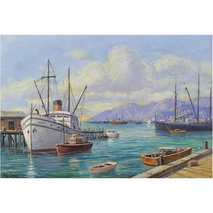 Painting, Paul Grimm: Paul Grimm (American, 1891-1974), Harbor Scene, oil on canvas laid down to board, signed lower left, sight: 20"h x 29.5"w, overall (with frame): 27"h x 36.75"w