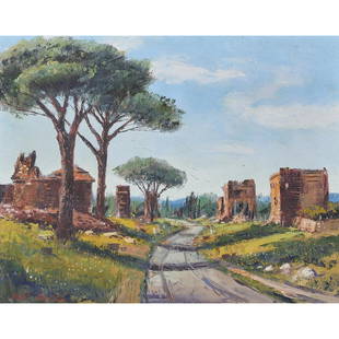 Painting, Ben Abril: Ben Abril (American, 1923-1995), Ruins, oil on canvas, signed lower left, sight: 21.5"h x 27.5"w, overall (with frame): 26.5"h x 32.5"w