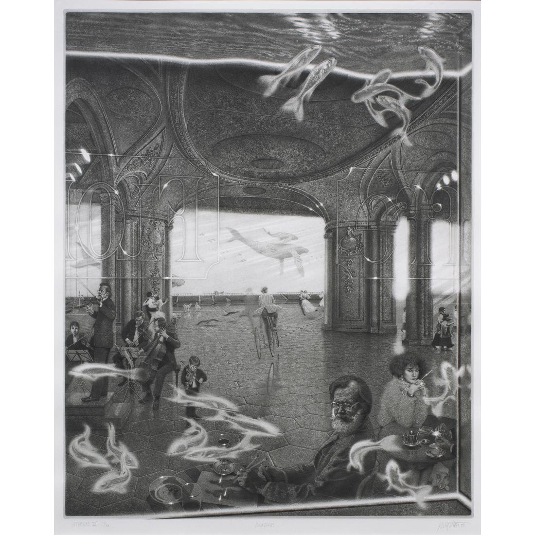 Print, Peter Milton: Peter Milton (American, b. 1930), "Interiors IV- Soundings," 1989, resist-ground etching and engraving, signed and dated lower right, edition IV/XX, sight: 30"h x 23.8"w, overall (with frame): 42.5"h