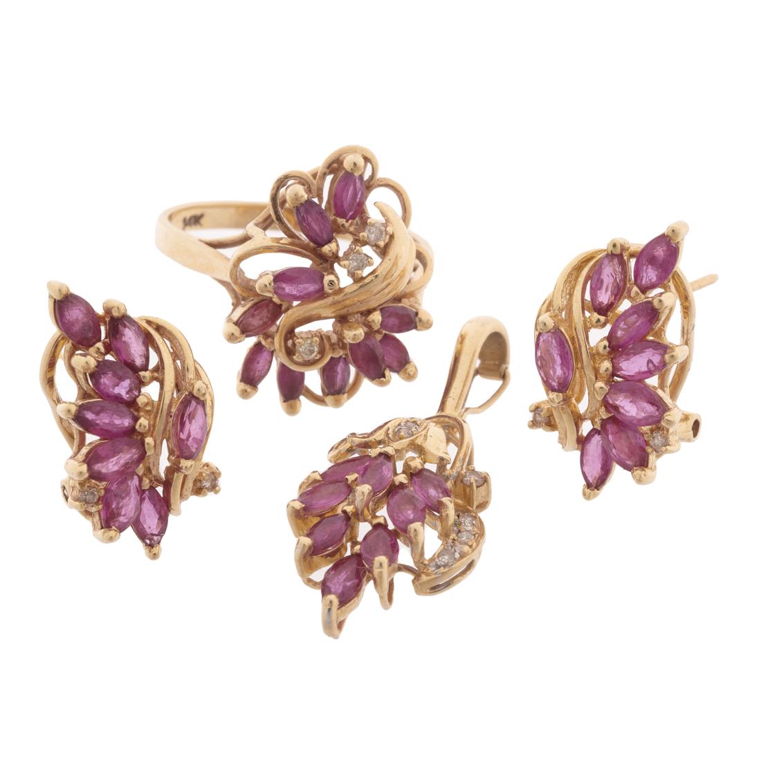 A ruby, diamond and fourteen karat jewelry suite (1 of 1)