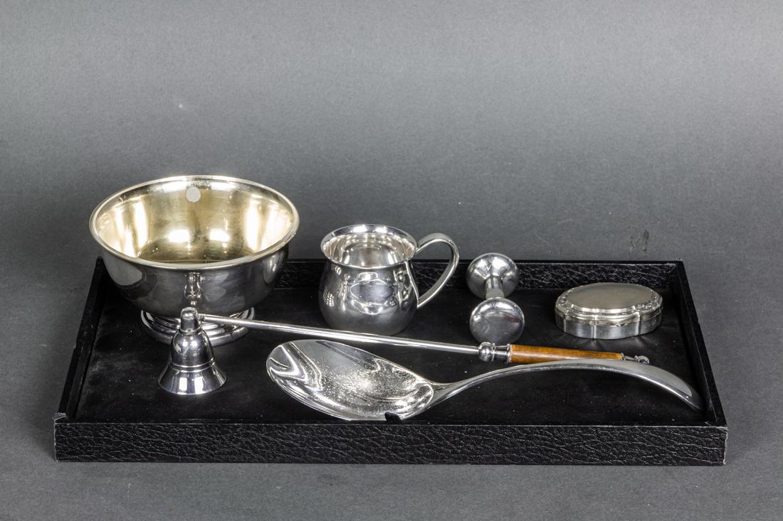 (lot of 6) Sterling, silver plated or metal table articles: a Lunt sterling baby cup #102; a: (lot of 6) Sterling, silver plated or metal table articles: a Lunt sterling baby cup #102; a sterling rattle; a plated Revere bowl; a Dansk spoon: an EPNS box and a plated and wood handled snuffer, to