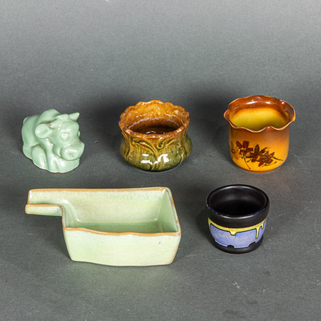 (lot of 5) Group of Rookwood pottery: (lot of 5) Group of Rookwood, Frankcoma and other pottery, comprising Rookwood miniature standard glaze vase by Edward Abel, 1891, painted with floral spray, impressed 5 flame mark over 582, incised a