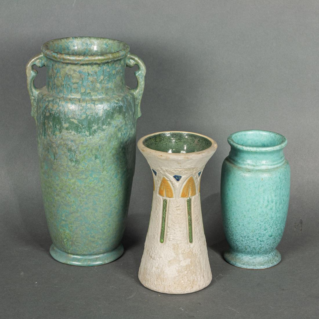 (lot of 3) Roseville art pottery vases, comprising Carnelian two-handled vase, unmarked, 12 (1 of 5)