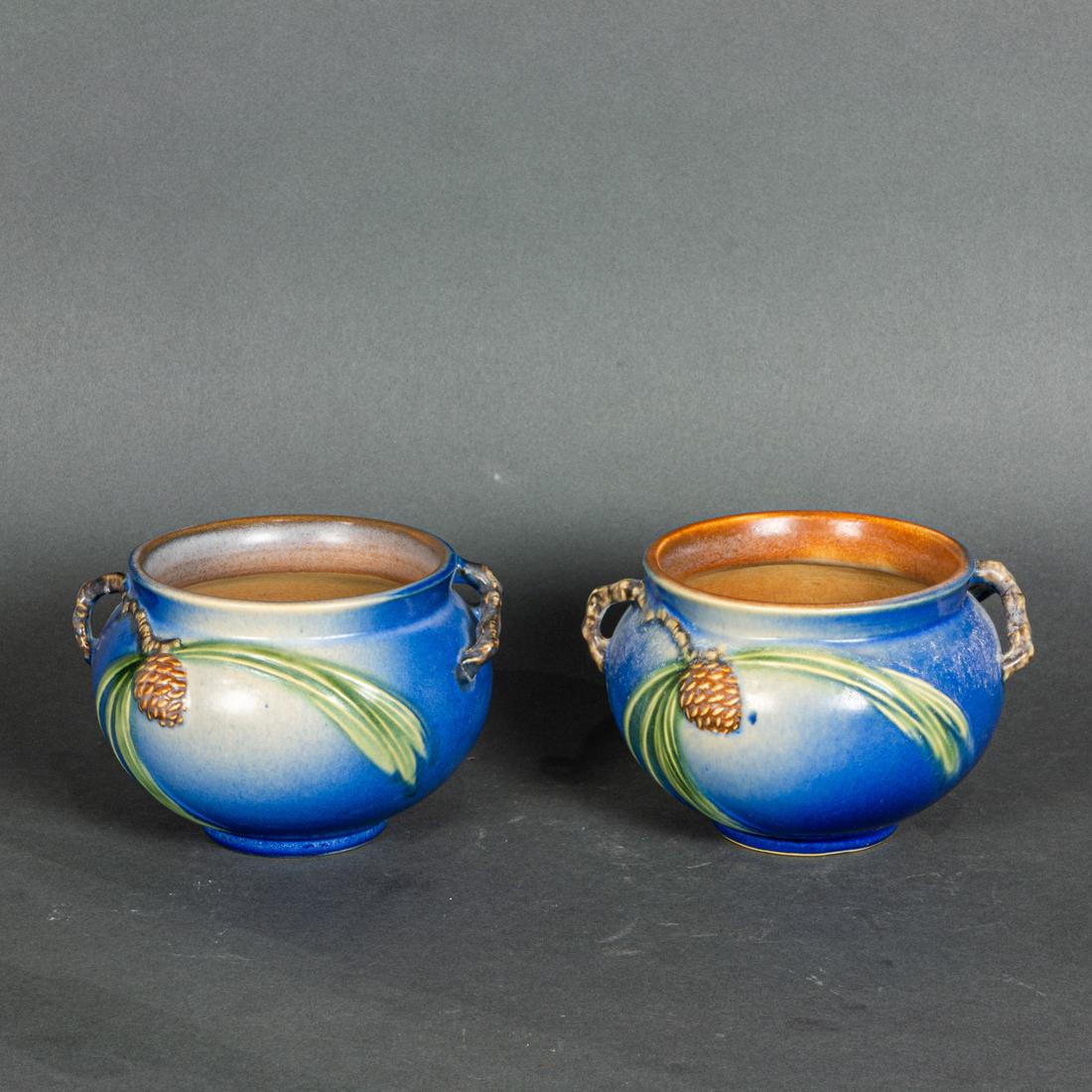 Assembled pair of Roseville pottery pinecone jardinieres (1 of 2)