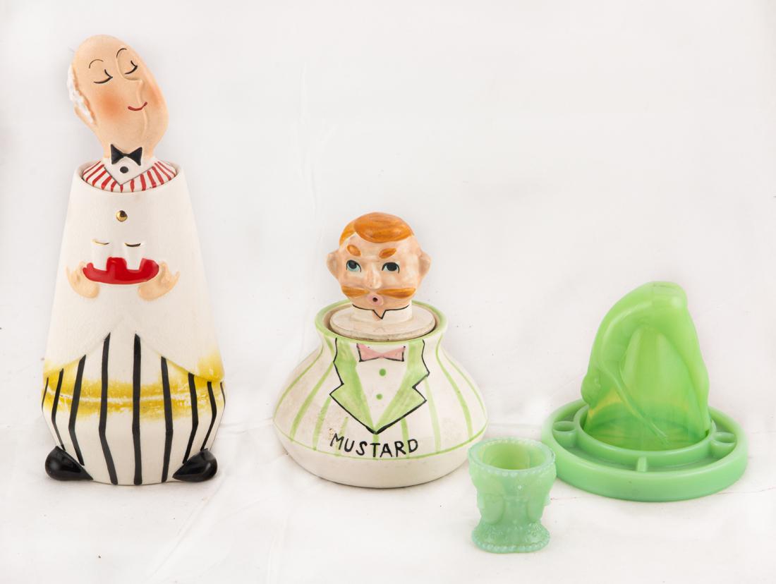 (lot of 6) Modern Holt Howard pottery table articles: a Holt figural martini cocktail jar with: (lot of 6) Modern Holt Howard pottery table articles: a Holt figural martini cocktail jar with stirrer; an associated covered "Mustard" pot with spoon, two seated figures of children in rabbit costume