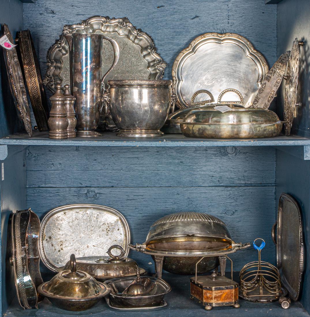 Two shelves of English Sheffield and American silver plate hollow ware including covered entree (1 of 1)