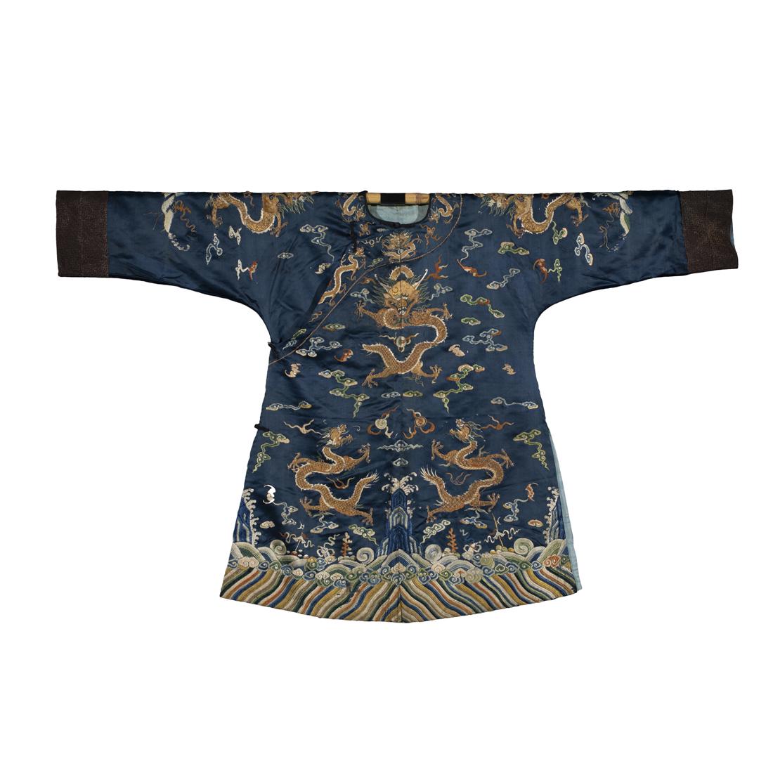 Chinese embroidered blue ground child's 'dragon' robe (1 of 2)