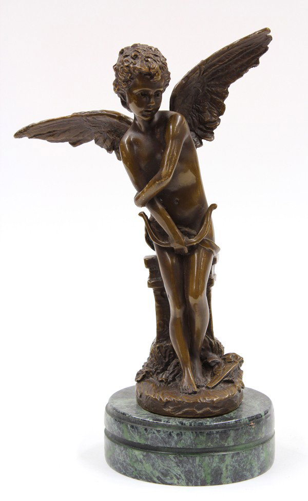 Patinated bronze sculpture: Patinated bronze sculpture of Cupid on green marble base, after H. Moreau, 11''h