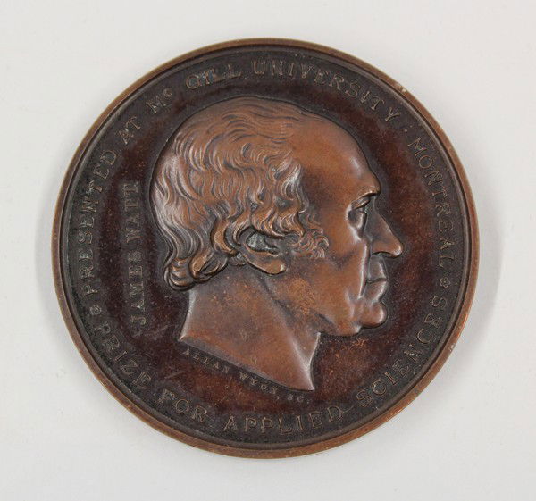 Prize for applied science medal, Wyon 1884: Prize for applied science medal, Obverse Legend: ''PRESENTED AT MCGILL UNIVERSITY MONTREAL|PRIZE FOR APPLIED SCIENCE|JAMES WATT'', with a bust portrait of James Watt, below Allan Wyon, SC., reverse le