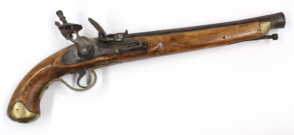 Flintlock pistol: Flintlock pistol, probably early 19th century, with a 11'' barrel, no name marked on the lock, the stock is made of beech, and the ball butt decorated with brass, overall: 17.5''l