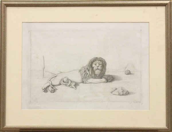 Drawing, Edgar Ende, Surreal Lion: Framed pencil drawing, Surreal Lion and Child Landscape Scene, 1930 by Edgar Ende (American, 1901-1965), signed ''Edgar Ende'' lower right, sight: 15.25''h x 22''w, overall: 23''h x 30''w