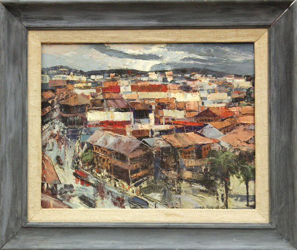 Painting, Joshua Meador, Panama: Framed oil on canvas, ''West Streets of Panama,'' by Joshua Meador (Californian, 1911-1965), signed ''Joshua Meador'' lower right, signed and titled verso, canvas: 14.25''h x 18''w, overall: 20''h x 2
