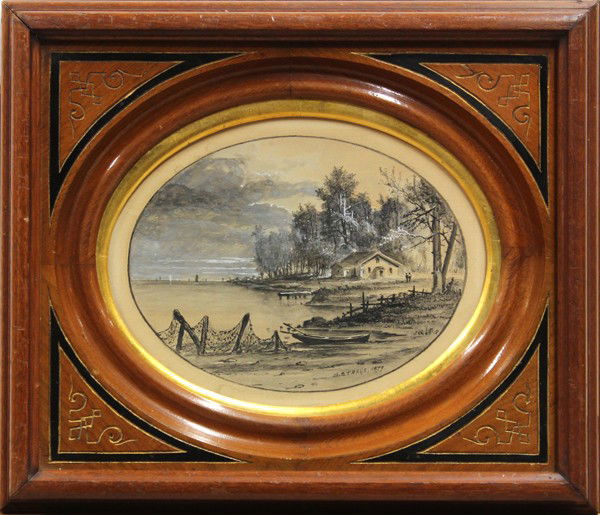 Pen Ink Gouache, Meyer Straus, Louisiana Bayou: Framed pen and ink with gouache, Louisiana Home on the Bayou, by Meyer Straus (American, 1835-1905), signed ''M. Straus. 1879.'' lower right, overall: 12.25''h x 14''w