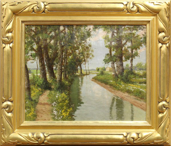 Painting, Bruce Crane, Springtime: Framed oil on canvas board, Springtime, by Bruce Crane (American, 1857-1937), signed ''Bruce Crane'' lower left, board: 16''h x 20''w, overall: 23.5''h x 27.75''w