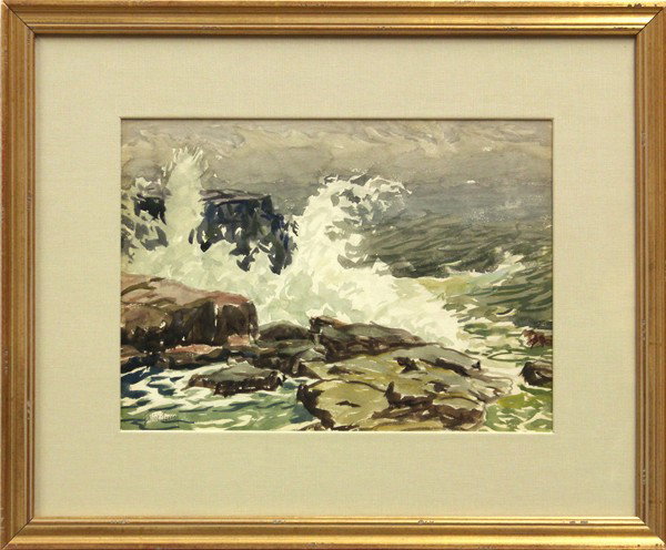Watercolor, Elliot Torrey, Coastal Scene: Framed watercolor, Crashing Wave, by Elliot Torrey (Californian, 1867-1949), signed ''Elliot Torrey'' lower left, sight: 10.5''h x 14.25''w, overall: 18.25''h x 22.25''w