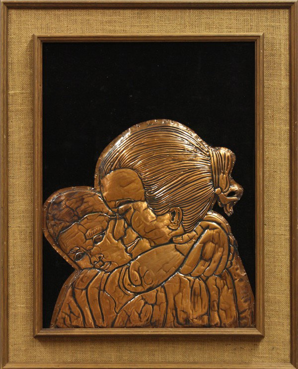 Copper wall relief, Casper Banjo, Mother and Chil: Framed copper bas wall relief, ''Mother and Child,'' circa 1960, by Casper Banjo (Californian, 1937-2008), sight: 23.5''h x 17.5''w, overall: 30.75''h x 25.25''w. Note: Casper Banjo was a long time ar