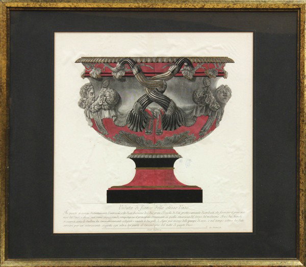 Set of 4 engravings by Piranesi: (lot of 4) Framed hand-colored engravings, ''Veduta di fianco dello stesso Vaso'', ''A Milord Marchese di Carmarthen amatore delle belle arti'', ''Altra Veduta del gia descritto Vaso'', and ''Al Sigr.