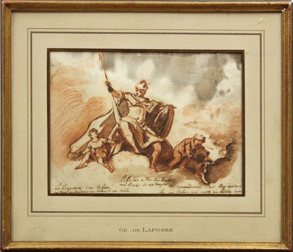 Watercolor, Manner of Charles de La Fosse, French: Framed red chalk and watercolor, ''Laforce...,'' European School, in the manner of Charles de La Fosse (French, 1636-1716), unsigned, sight: 6.75''h x 9''w, overall: 11.75''h x 13.5''w