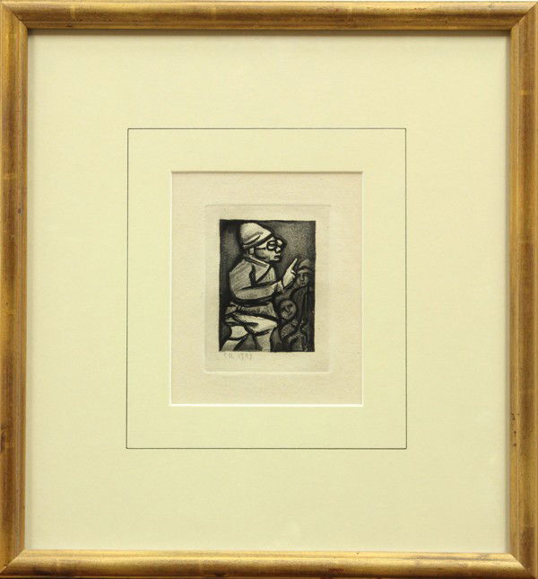 Woodcut, Georges Rouault: Framed etching, ''L'Administrateur,'' 1929, from ''Reincarnation de Pere Ubu'' by Georges Rouault (French, 1871-1958), initialed and dated within the plate lower left, plate: 3.75''h x 3''w, overall: