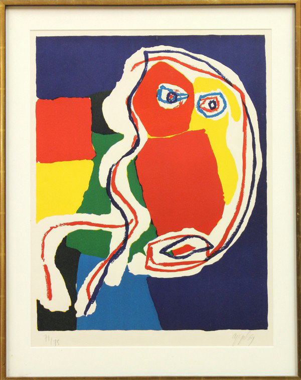 Lithograph, Karel Appel, L'hibou Rouge: Framed lithograph, ''L'hibou Rouge,'' by Karel Appel (Dutch, 1921-2006), pencil signed ''Appel'' lower right, pencil numbered edition of 75 lower left, image: 25''h x 19.75''w, overall: 32.5''h x 26''