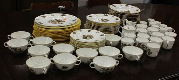 Royal Worcester table service: (lot of 82) Royal Worcester partial table service for twelve executed in the ''Dorchester'' pattern, consisting of (13) dinner plates 10.5''w, (12) salads, (11) breads, (12) consomme, (12) soups, (12)
