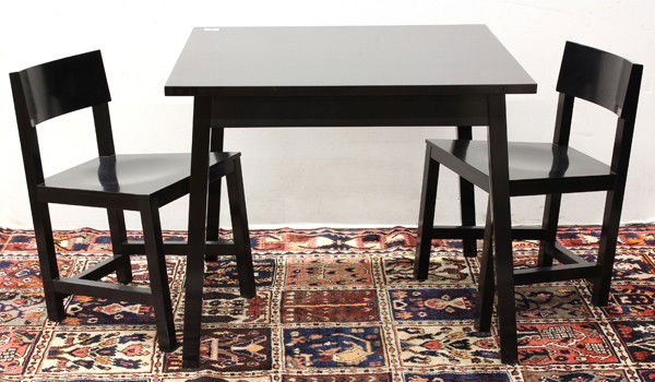 Atelier Van Lieshout AVL Shaker chairs and table: (lot of 3) Atelier Van Lieshout AVL Shaker chairs and table, for Moooi in the Netherlands, finished in a gloss black lacquer, chairs: 28''h x 16''w x 18''d, table: 29.25''h x 35.5''w x 35.5''d