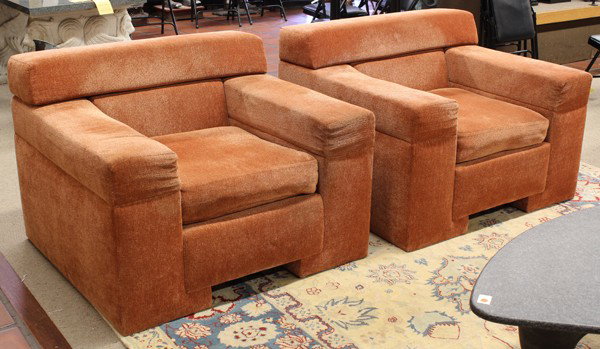 Paul Frankl style club chairs: (lot of 2) Pair of Paul Frankl style club chairs, upholstered in rust colored chenille fabric, purchased from the Pacific Design Center, San Francisco, each chair: 31''h x 42''w x 38''d