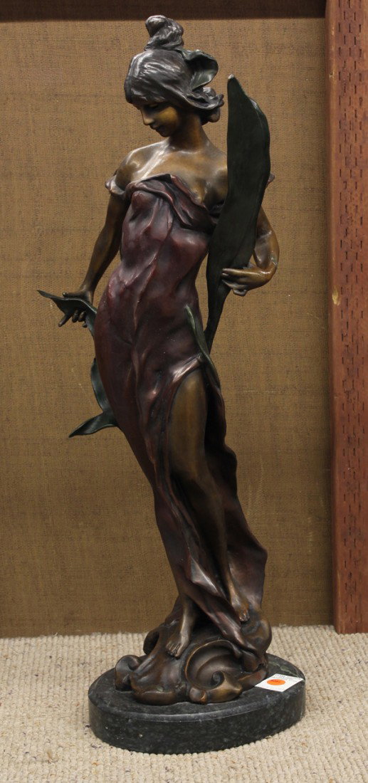 Sculpture, after Pierre Roche: Patinated bronze sculpture, Diane (in burgundy colored dress), after Pierre Roche (French, 1855-1922), bears signature lower center back, overall: 27.75''h x 11.75''w x 9.25''d