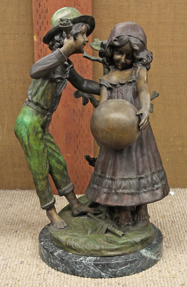 Sculpture, after Auguste Moreau: Patinated bronze sculpture, Boy Courting a Girl with Ball,'' after Auguste Moreau (French, 1855-1919), bears signature lower right bottom, overall: 19.5''h x 13.5''w x 11.5''d